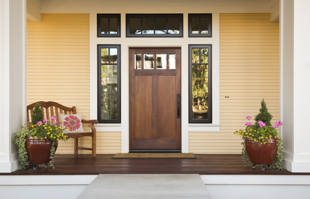 wooden front door of home