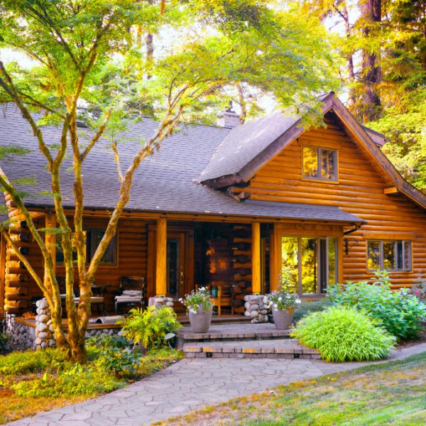 An image of a modern log cabin