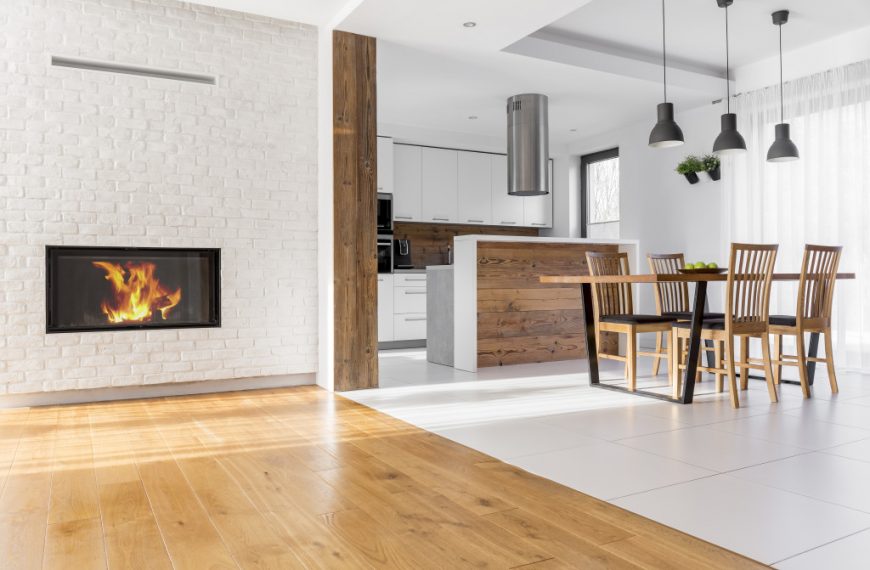 open plan home with fireplace and nordic theme